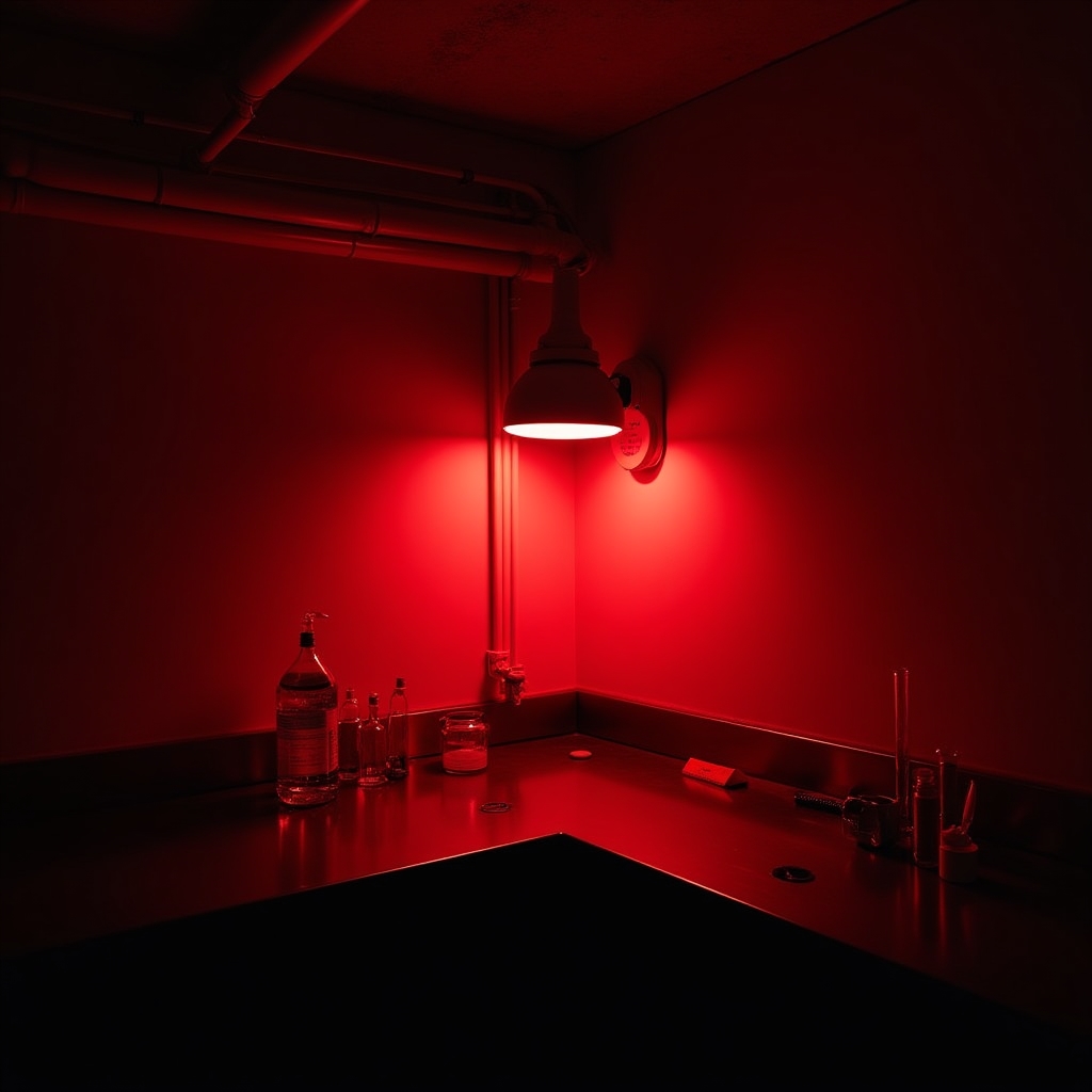 Interno della camera oscura con luce safelight rossa e postazioni di lavoro